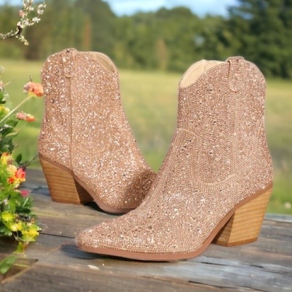 MIIM Shoes - MIIM ANGEL Rose Gold Rhinestone Embellished Ankle Western Heeled Cowboy Bootie